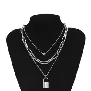 Silver Lock and Heart Three Chain Necklace
